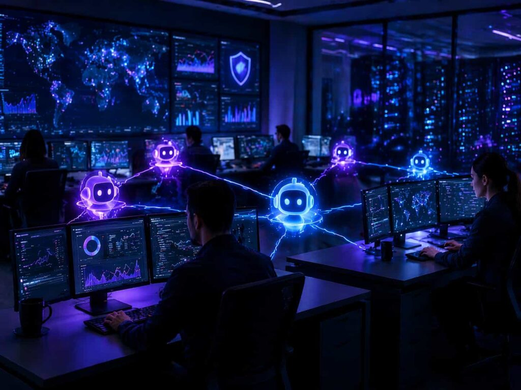 Three-layer agentic SOC model showing AI threat detection automated response and human analyst oversight