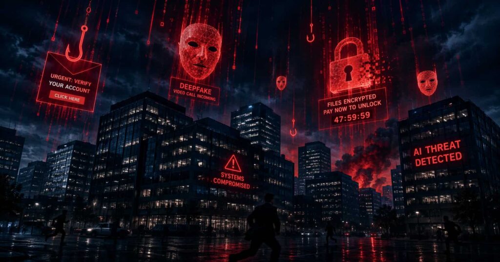 AI cyberattacks targeting businesses in 2026 — digital threat landscape illustration