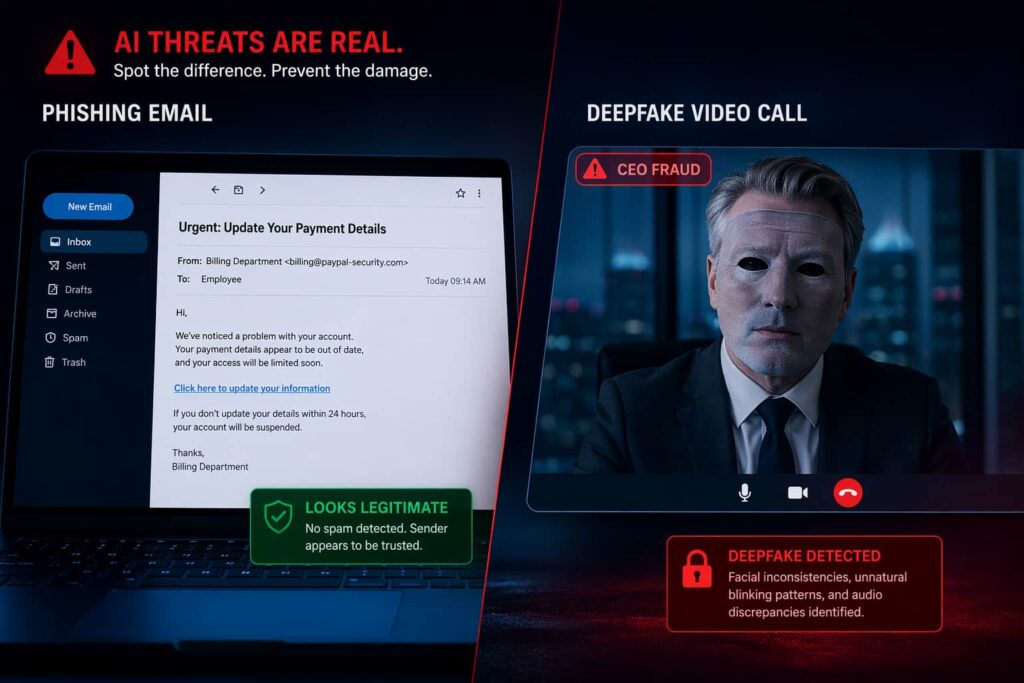 AI generated phishing email and deepfake CEO fraud targeting a business employee in 2026
