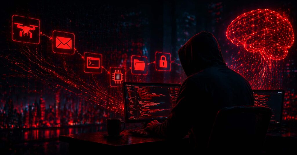 Illustration of an automated AI-powered cyberattack targeting a business network in 2026