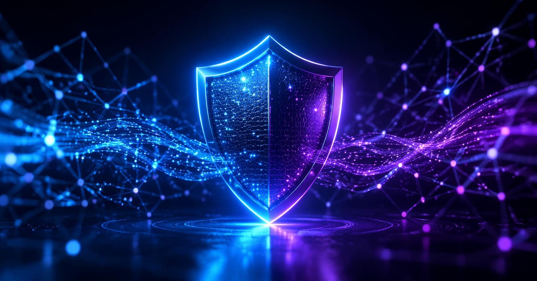 AI threat detection system protecting a corporate network in 2026 with a glowing digital shield