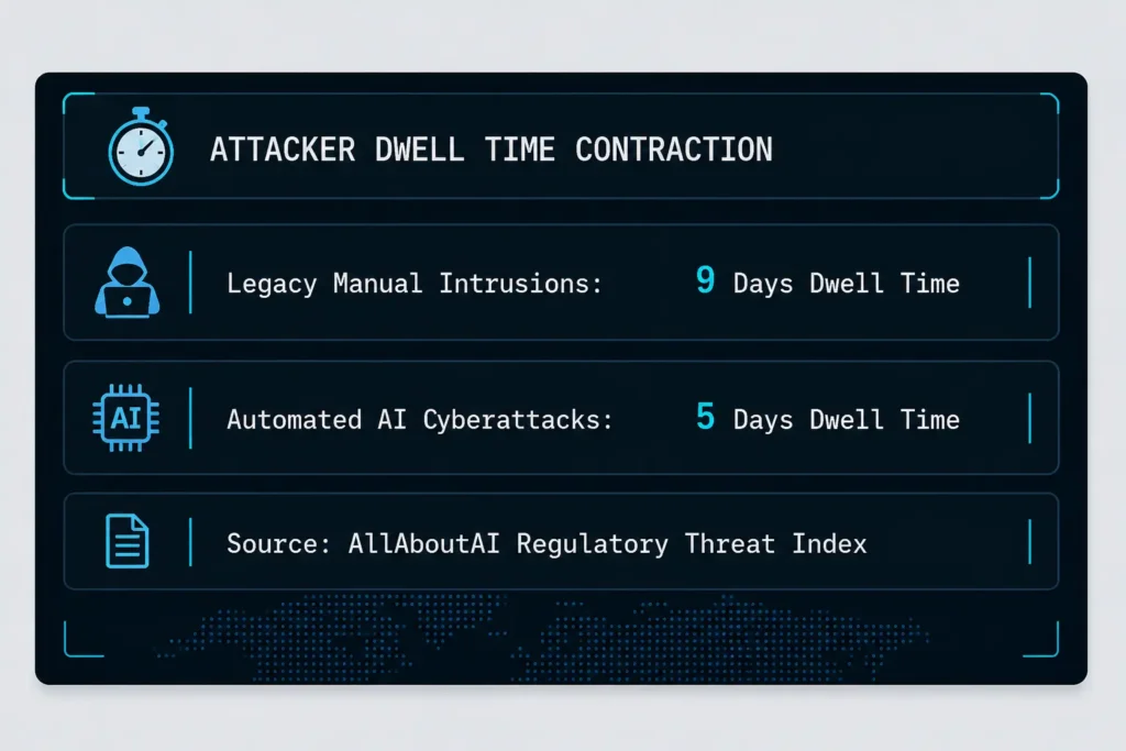 A high-contrast infographic card detailing the attacker dwell time contraction from legacy manual intrusions down to automated AI cyberattacks 2026 data loops.