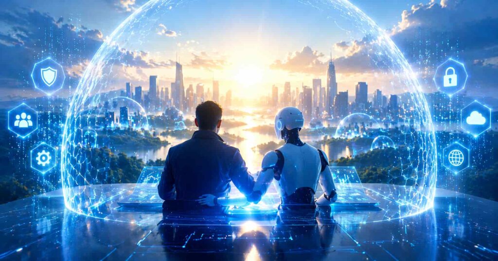 Futuristic illustration of AI threat detection and human analysts working together to secure networks in 2026