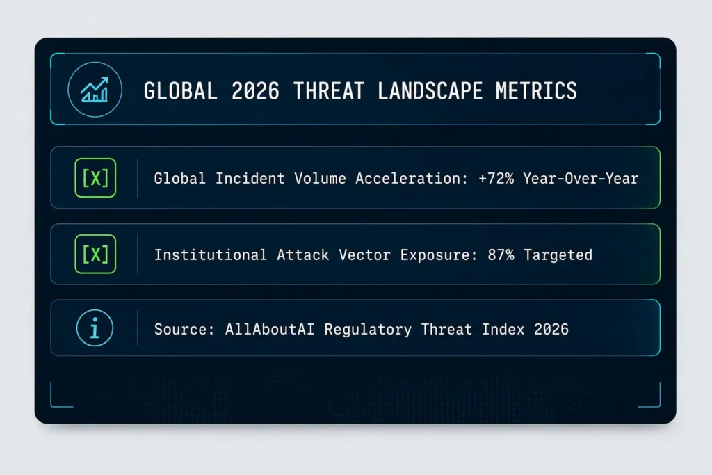 An infographic card showing global threat landscape metrics and incident acceleration for automated AI cyberattacks 2026 data arrays.