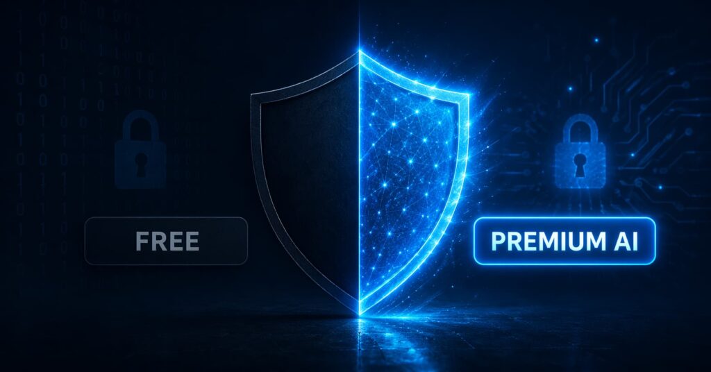 Malwarebytes free vs premium comparison showing AI protection shield in 2026