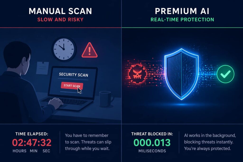 Malwarebytes free on-demand scanning vs premium real-time AI protection comparison 2026