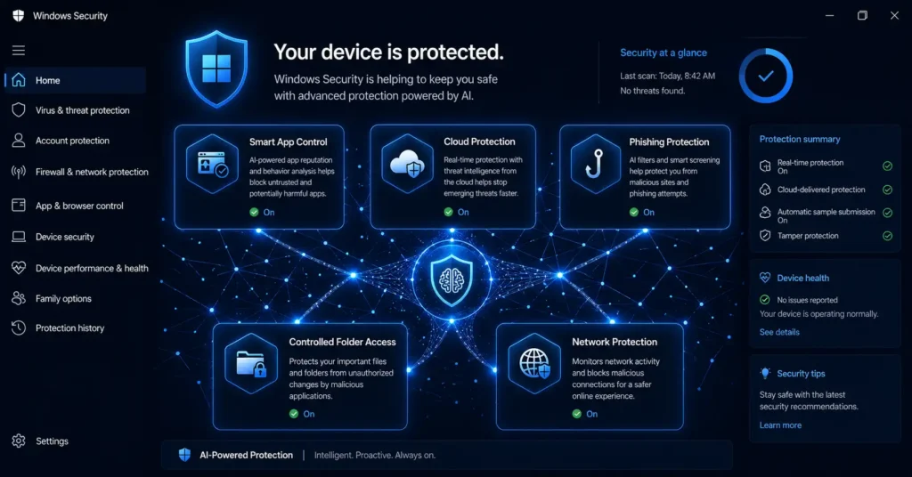 Microsoft Defender AI features 2026 showing hidden Windows security tools most users miss