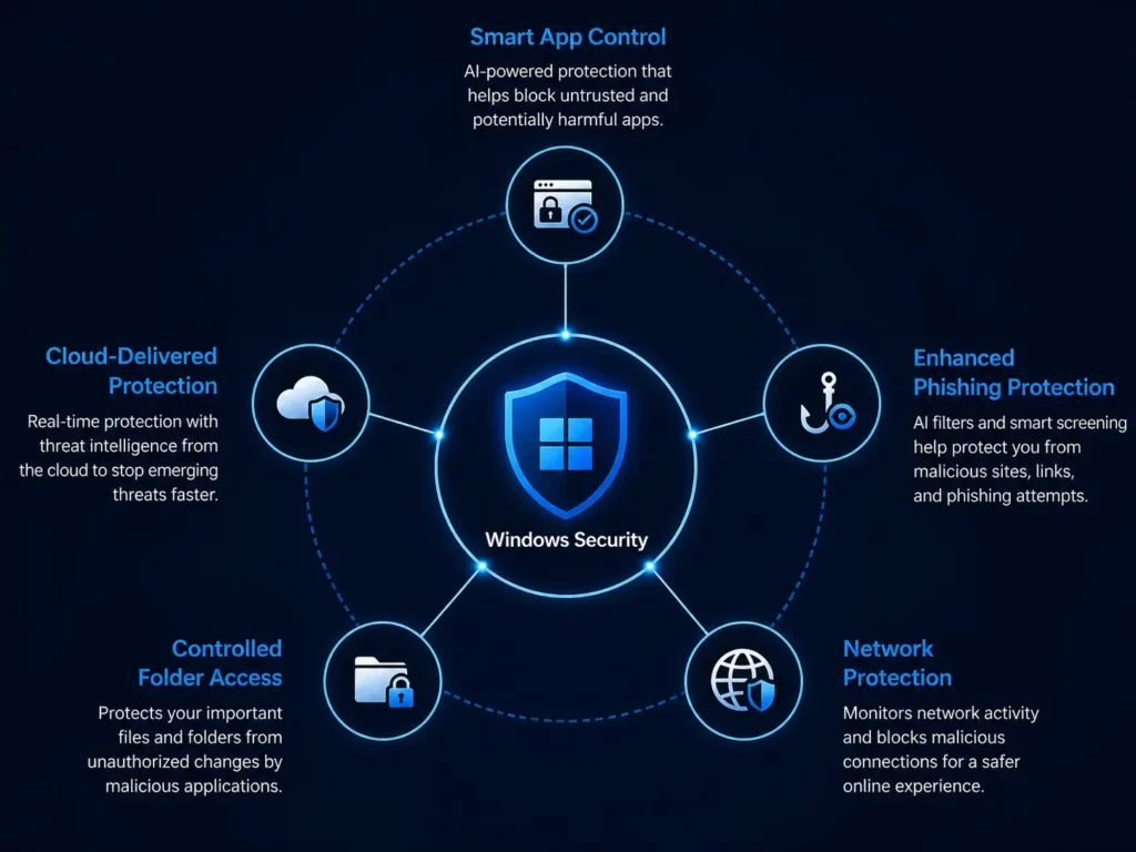 Microsoft Defender AI features overview diagram showing five hidden protection layers in Windows Security 2026