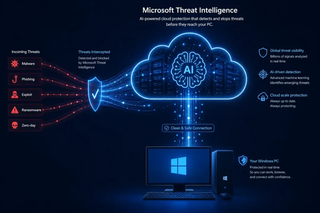 Microsoft Defender cloud delivered AI protection connecting Windows PC to global threat intelligence network 2026