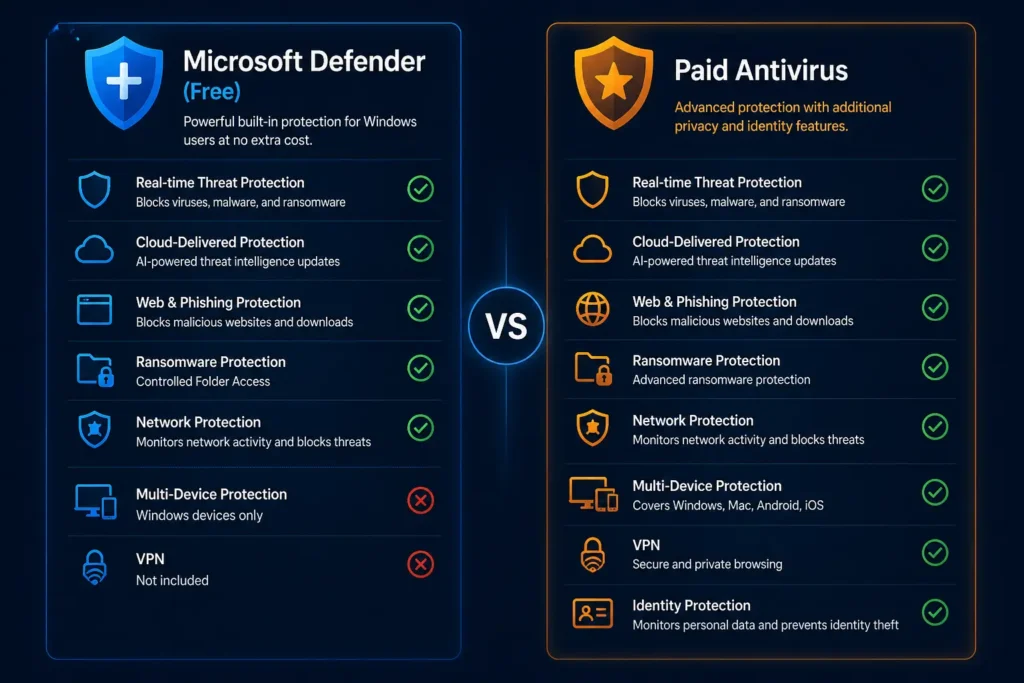 Microsoft Defender AI features compared to paid antivirus tools, showing strengths and gaps in 2026