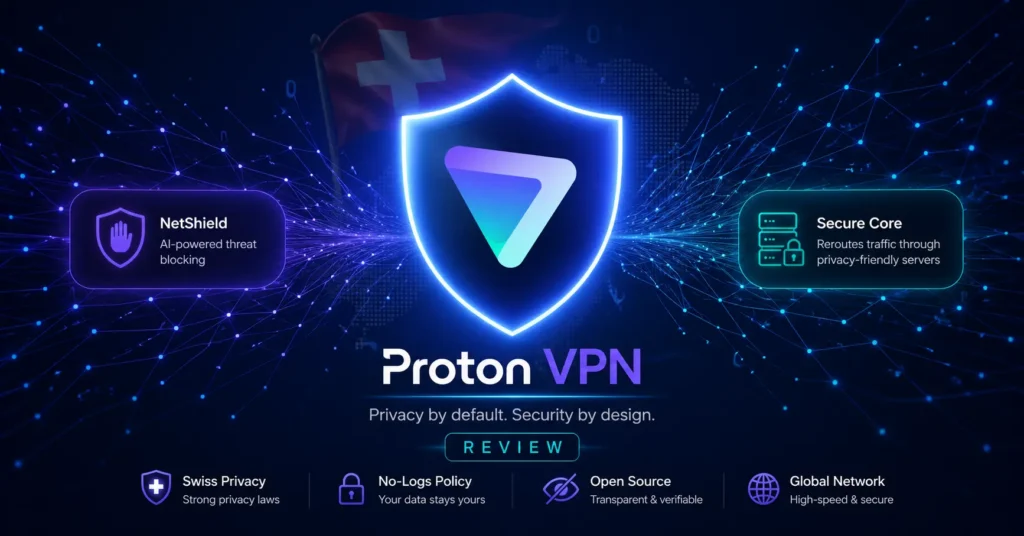 Proton VPN AI security features review 2026 showing NetShield and Secure Core protection