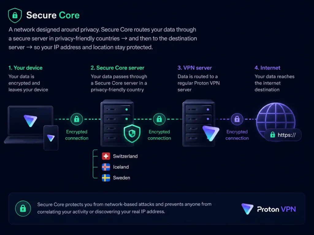 Proton VPN Secure Core multi-hop server routing diagram showing traffic path through Switzerland Iceland and Sweden 2026