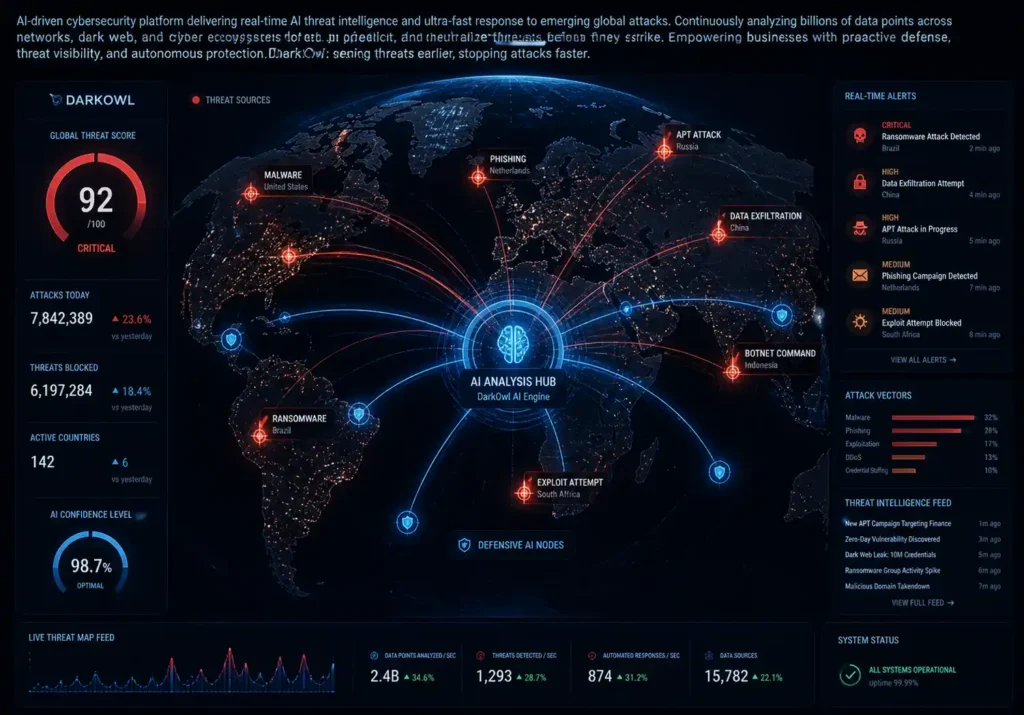 AI threat intelligence platform showing real-time threat data streams and global attack map for businesses in 2026