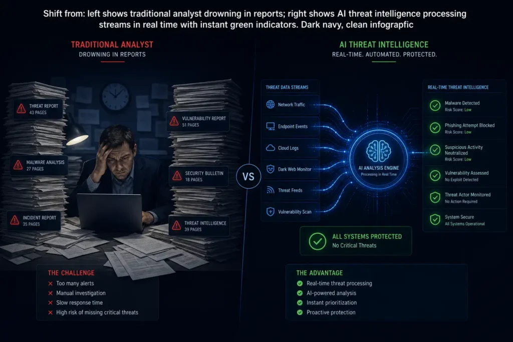 Traditional threat intelligence versus AI threat intelligence comparison showing speed and scale difference in 2026