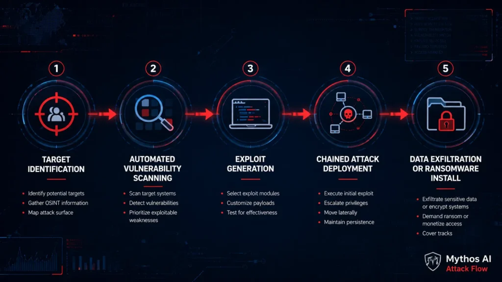 Mythos AI attack chain diagram showing automated vulnerability discovery and exploit deployment