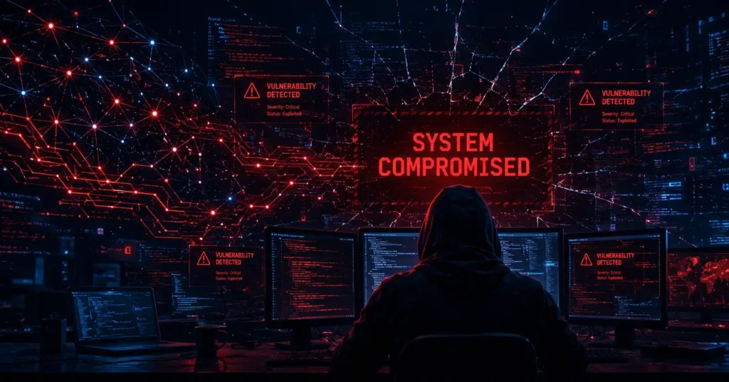Mythos AI — AI-powered hacking tool concept illustration with dark cyber background