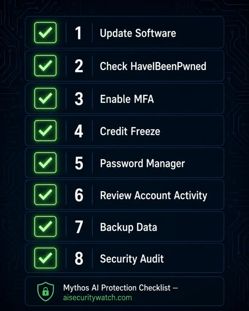 Mythos AI protection checklist showing eight cybersecurity steps for individuals and small businesses