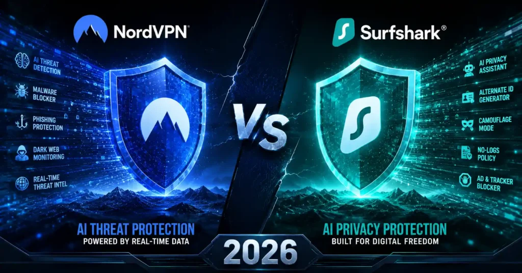 NordVPN vs Surfshark 2026 AI security feature comparison for cybersecurity protection