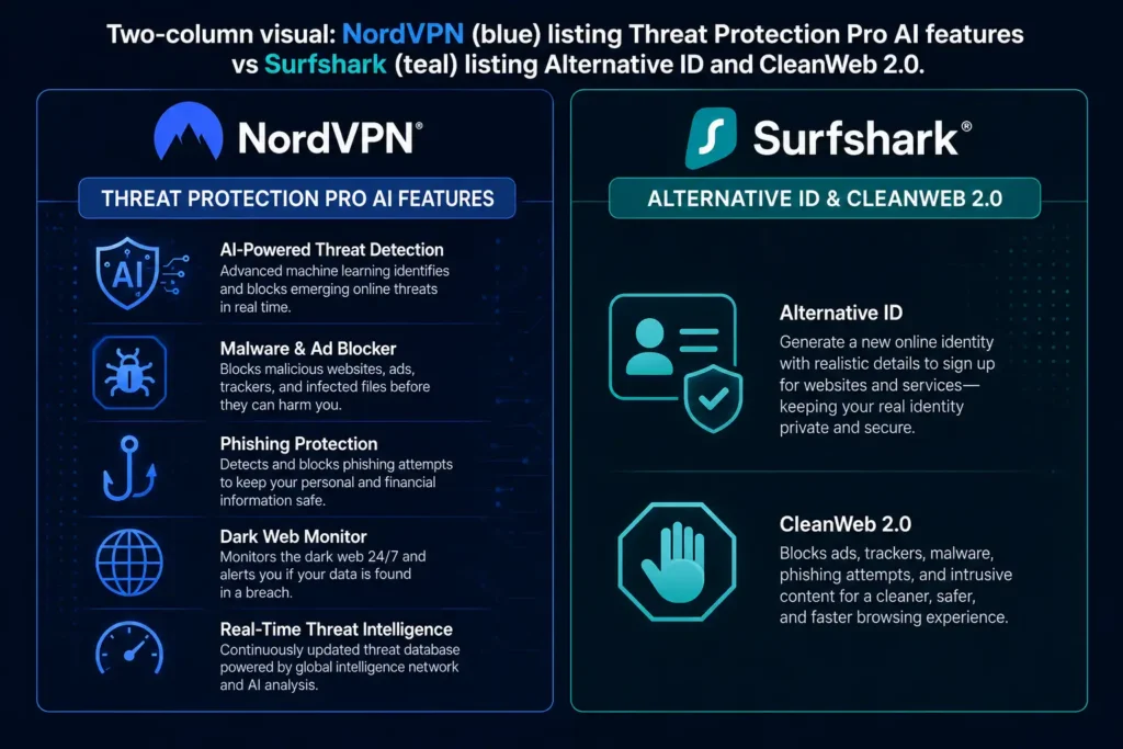 NordVPN Threat Protection Pro versus Surfshark CleanWeb 2.0 and Alternative ID AI security features comparison 2026