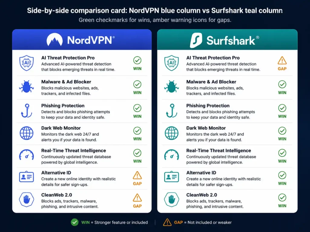 NordVPN vs Surfshark 2026 AI security features head to head comparison table visual