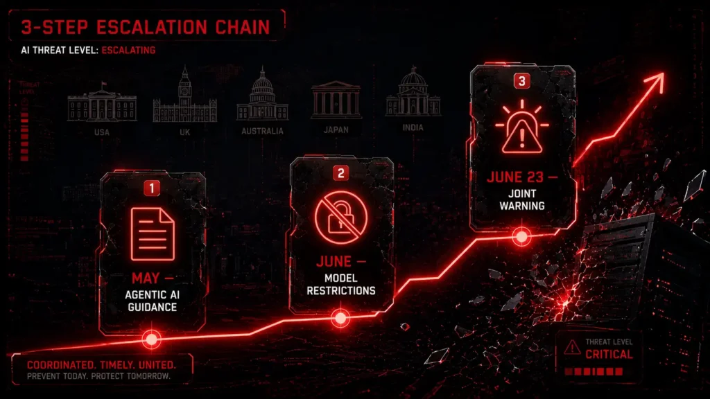 Diagram showing the 3-step escalation timeline behind the Five Eyes agentic AI cyberattacks warning