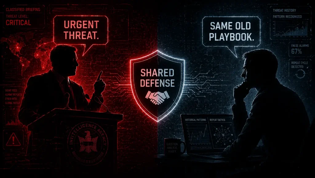 Illustration showing the split debate among experts over the urgency of agentic AI cyberattacks
