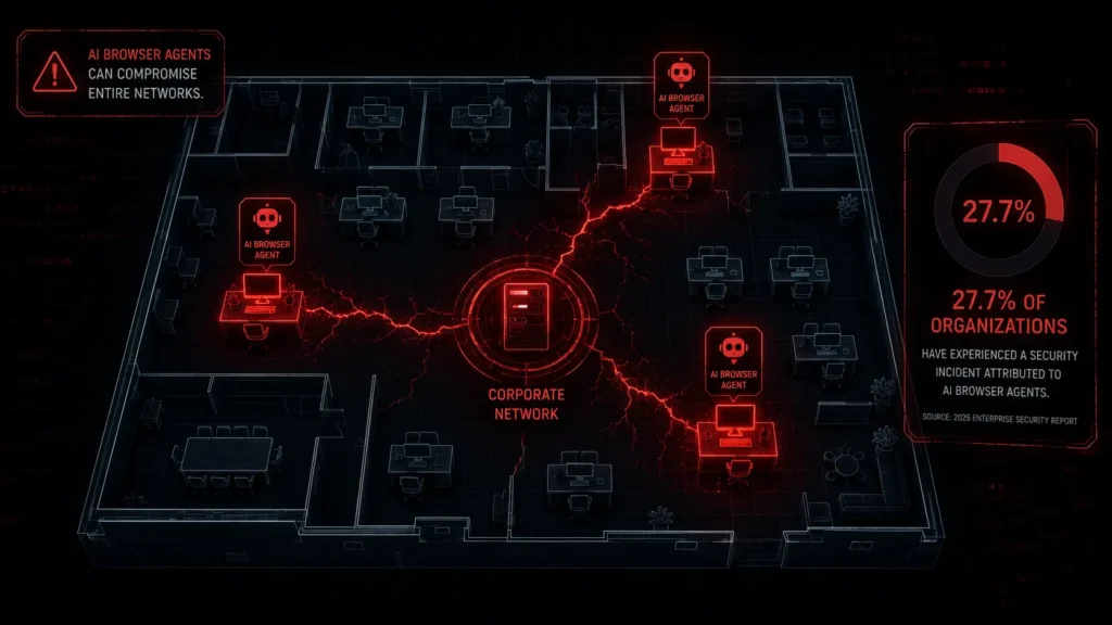 Illustration showing enterprise exposure to AI browser security risks across corporate networks in 2026.