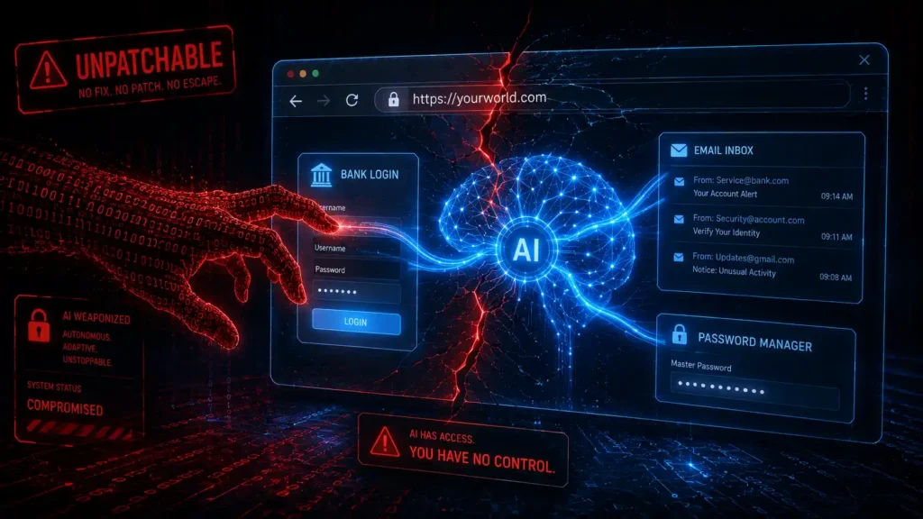 Hero image illustrating the AI browser security risk where agentic browsers access banking, email, and passwords simultaneously.