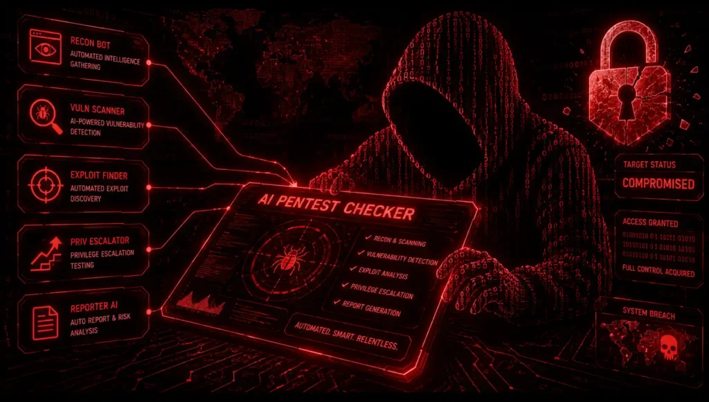 Illustration of a hacker using a jailbroken AI-powered pentest tool to automate AI cyberattacks.