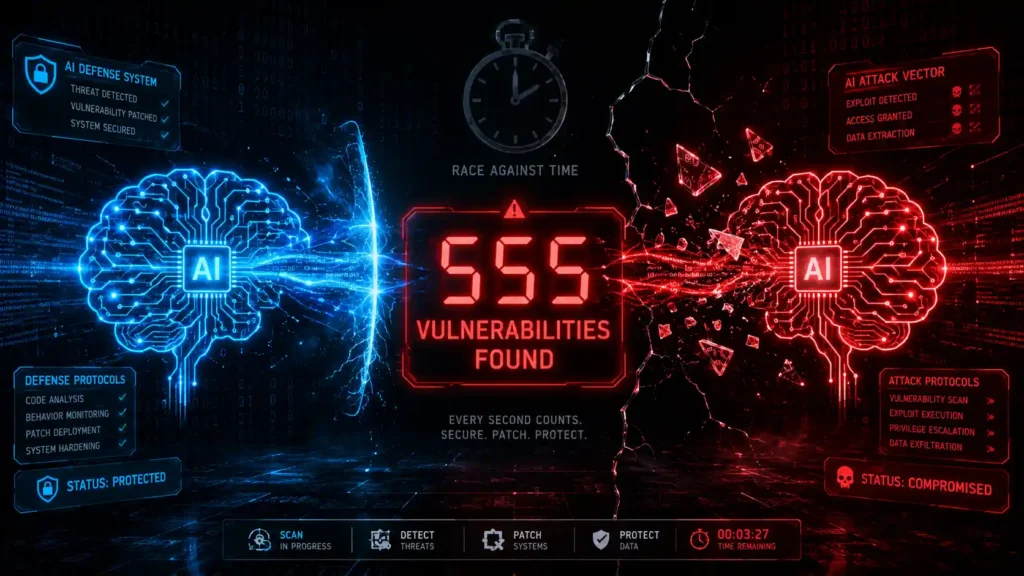 Hero image illustrating the AI cyberattacks arms race between defensive and offensive AI models in 2026.