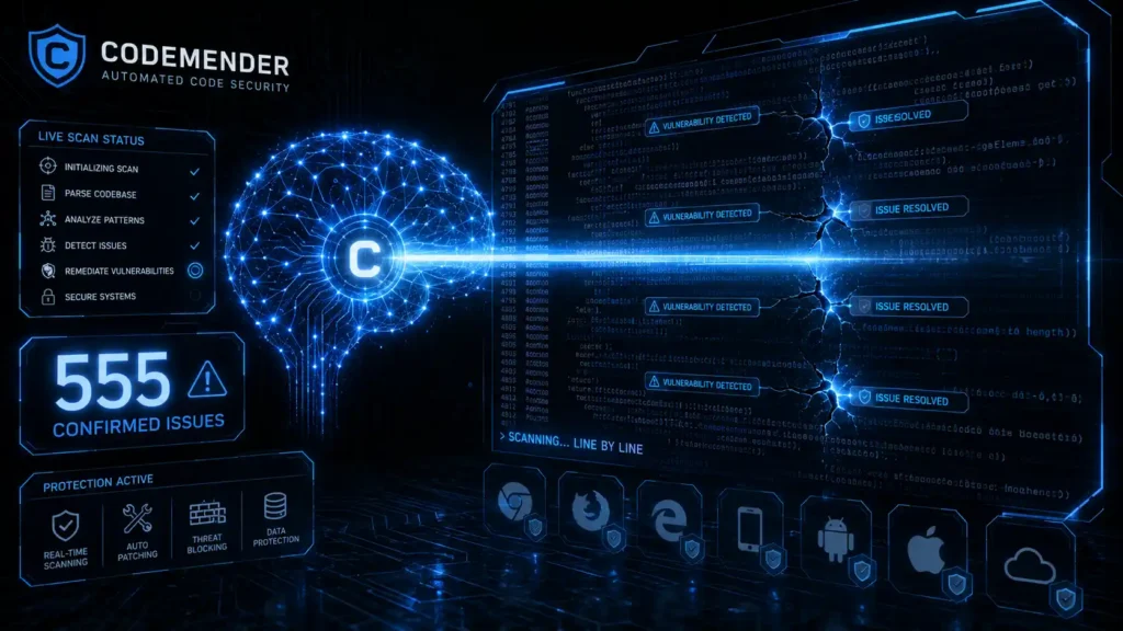 Illustration of Gemini 3.5 Flash Cyber scanning code to defend against AI cyberattacks by finding vulnerabilities first.