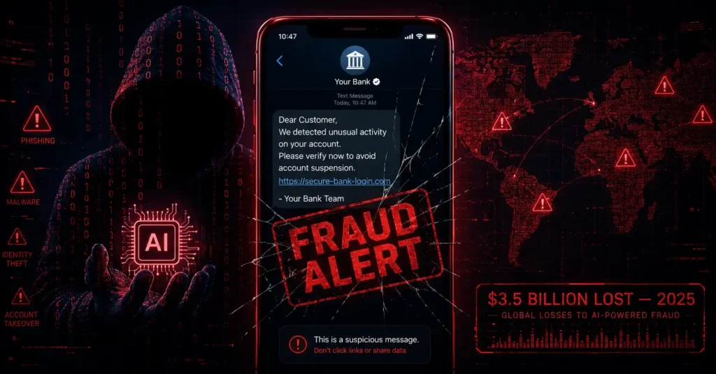 Hero image illustrating AI phishing scams in 2026 with a fake fraud alert text message on a smartphone
