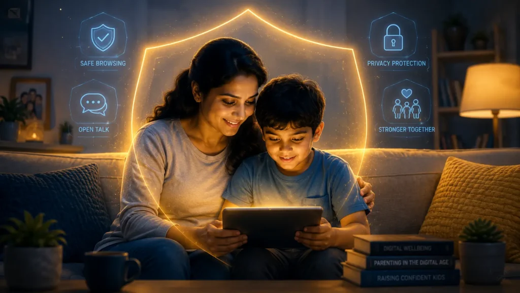 Illustration of a parent and child having an open conversation about AI chatbot safety to reduce AI predator risk.