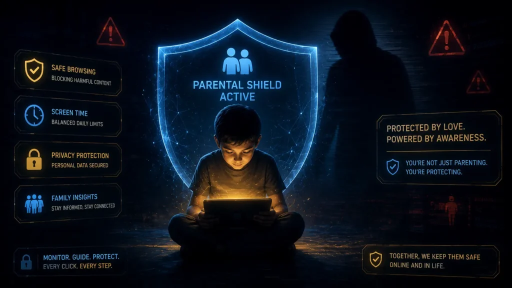 Illustration representing AI predator risk and the importance of parental awareness around children's chatbot use.