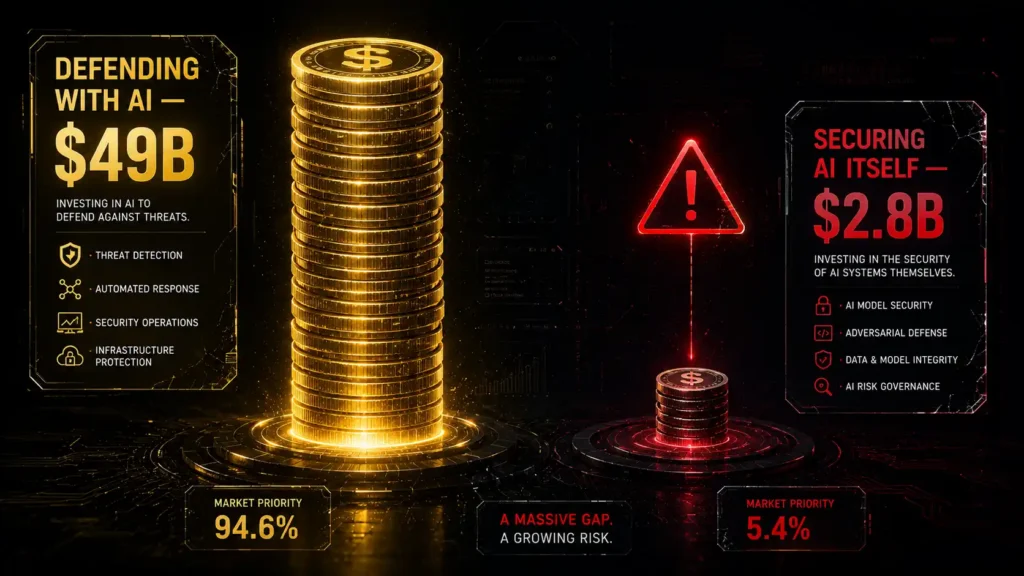 Illustration showing the 17-to-1 AI security spending gap between defending with AI and securing AI systems themselves.