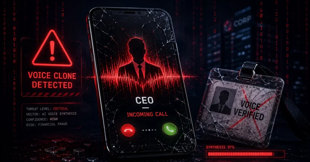 Illustration of an AI voice cloning scam showing a cloned CEO voice call being flagged as fraudulent
