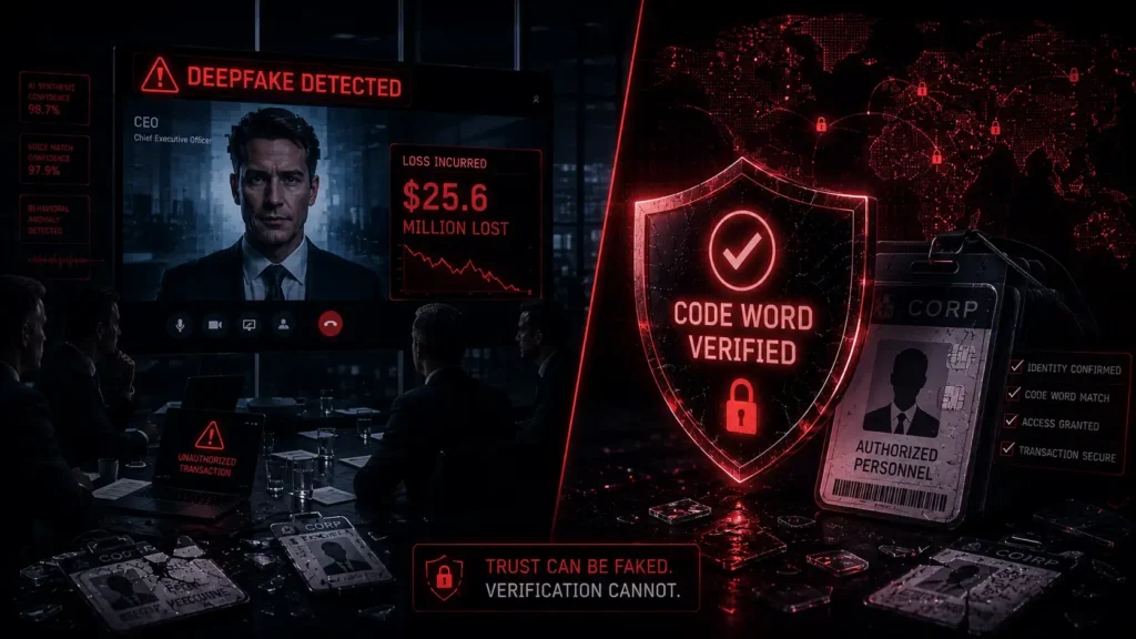 AI voice cloning scams case showing a $25.6 million deepfake loss next to a verified code-word protection method