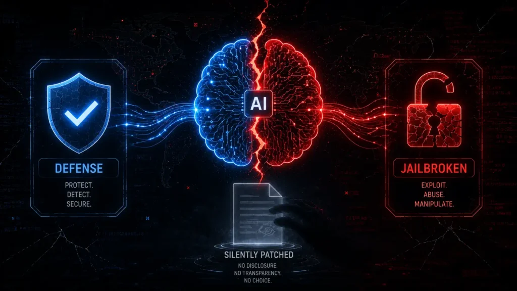 Illustration showing the dual-use security risk of Claude AI being both a defensive tool and a jailbreak target.