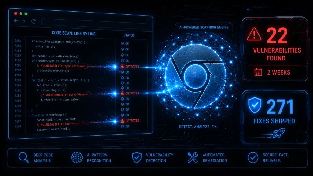 Illustration showing Claude AI detecting software vulnerabilities faster than human security researchers.