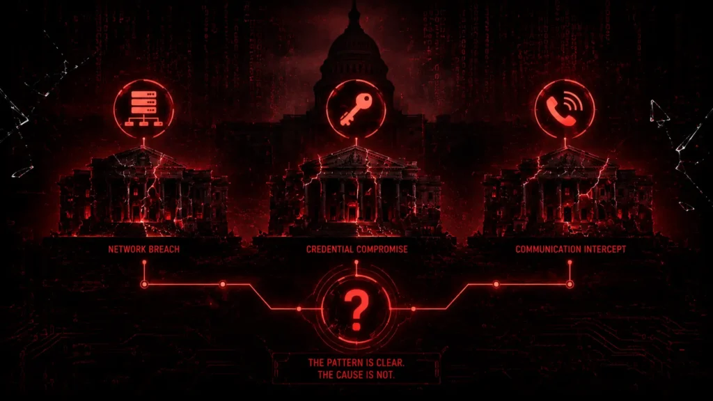 Illustration showing the pattern of three major US federal cybersecurity breaches in 2026, including the DHS HSIN incident.