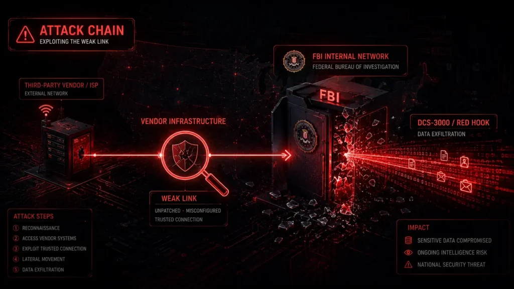 Diagram showing how attackers used vendor infrastructure to breach the FBI's DCS-3000 wiretap system in the 2026 data breach.