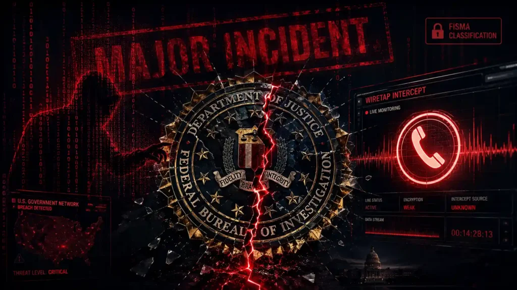 Hero image illustrating the FBI data breach 2026 involving a suspected Chinese hack of a wiretap surveillance system
