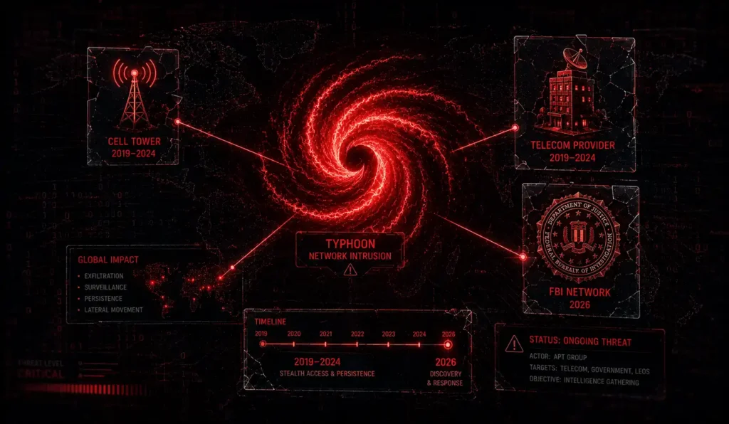 Illustration showing the Salt Typhoon hacking pattern linking the 2026 FBI data breach to earlier US telecom intrusions.