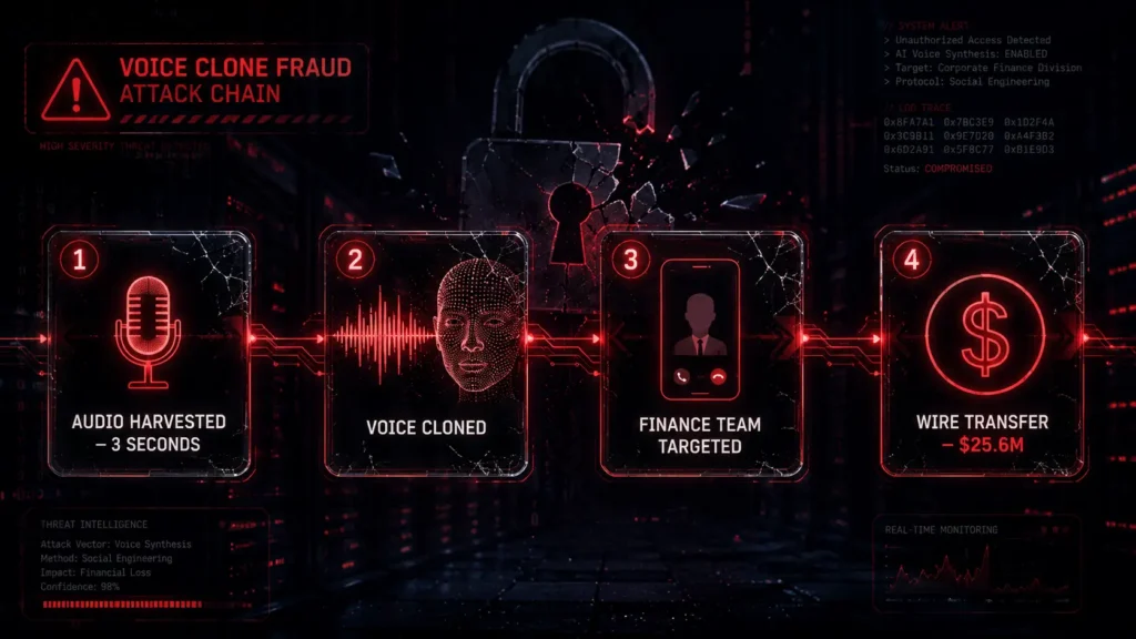 Diagram showing how an AI voice cloning scam attack works from audio harvesting to fraudulent wire transfer