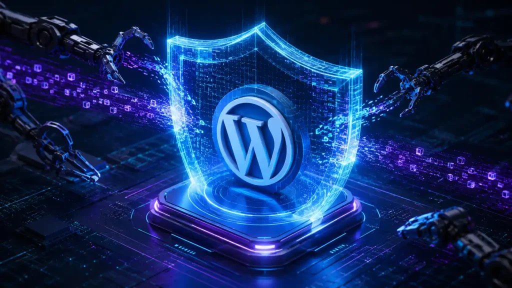 A futuristic digital firewall shield protecting a website logo to block Claude AI and OpenAI bots from scraping content.