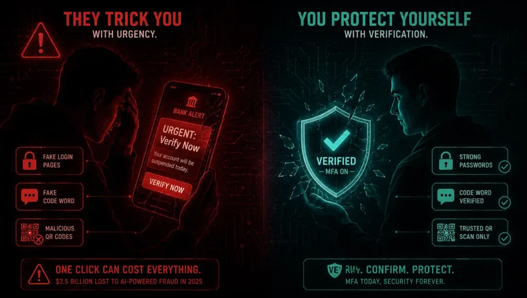 Illustration of practical steps to protect yourself from AI phishing scams, including MFA and verification.