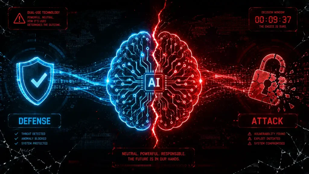 Illustration showing the dual-use risk of machine learning threat detection technology being used by both defenders and attackers.