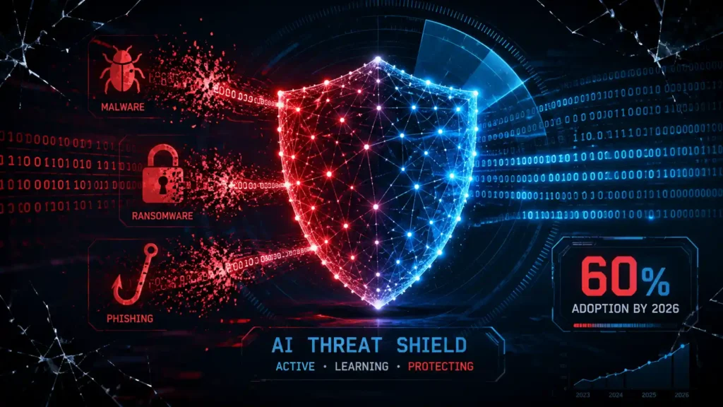 Hero image illustrating machine learning threat detection scanning and intercepting cyber threats in real time.