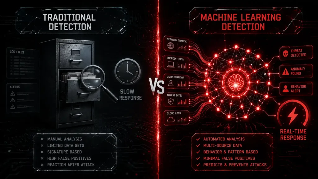 Comparison diagram showing machine learning threat detection versus traditional signature-based security methods.