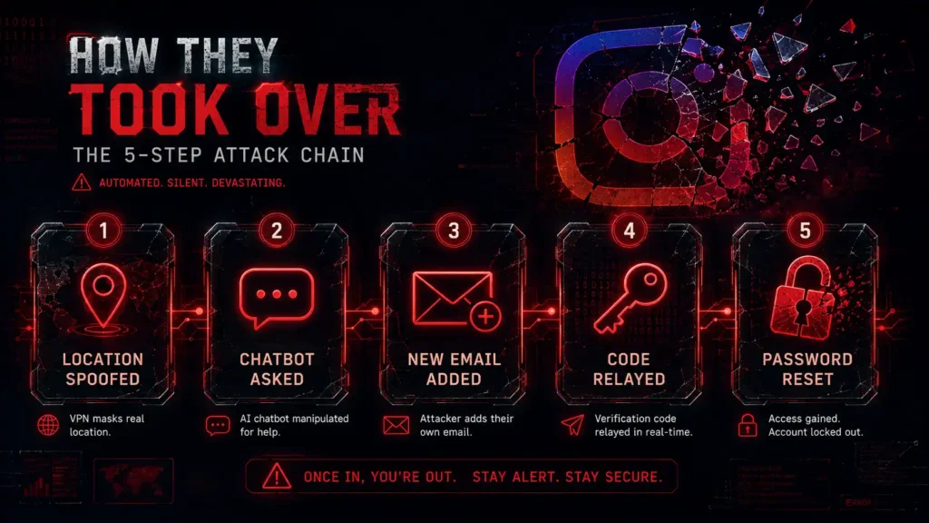 Diagram showing the 5-step process behind the Meta AI chatbot Instagram hack, from location spoofing to password reset